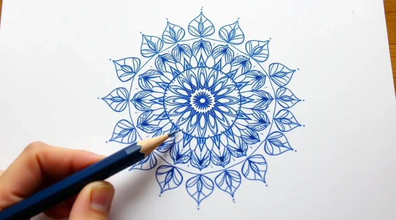 Uma mandala desenhada com lápis azul. Como Fazer Mandalas para Meditar e Relaxar em 4 Passos Simples