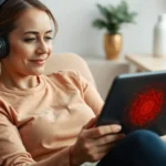 Mulher com fones de ouvido observa a tela do tablet com mandala estampada. Desvendando a Magia da Combinação de Sons Binaurais, Música e Mandalas