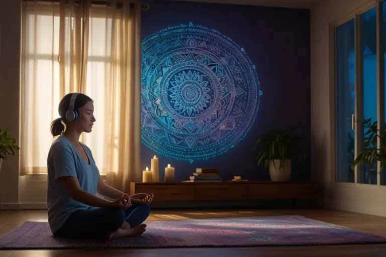 Mulher meditando com fones de ouvido. Desvendando a Magia da Combinação de Sons Binaurais, Música e Mandalas