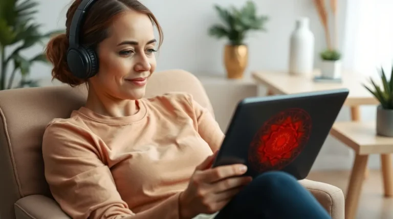 Mulher com fones de ouvido observa a tela do tablet com mandala estampada. Desvendando a Magia da Combinação de Sons Binaurais, Música e Mandalas