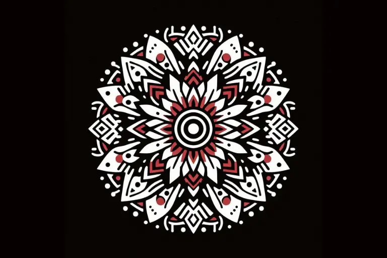 Mandala branca com vermelho em fundo preto