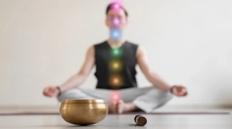 Chakras projetados em luz sobre um homem meditando. Mandalas e Chakras A Relação Entre Energia e Geometria Sagrada