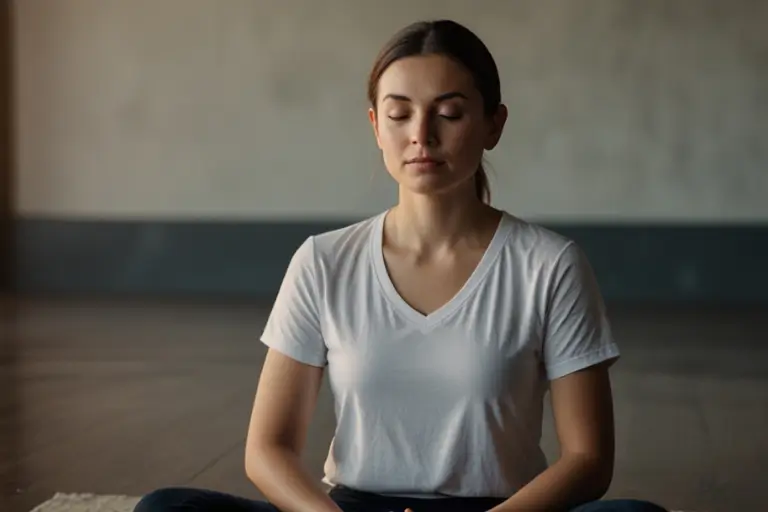 Mulher de olhos fechados em posição de meditação. Meditação Guiada com Mandalas Um Passo a Passo para o Equilíbrio