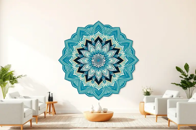 Uma sala decorada com uma pintura de mandala. Feng Shui e Mandalas: Conceito, Conexão, Benefícios e Práticas